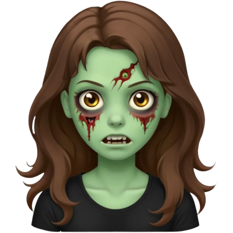crie uma garotazoombie cabelo ondulado 2c longo castanho castanho comprido e blusa básica preta sem nada com pele esverdeada com rosto fofo  emoji