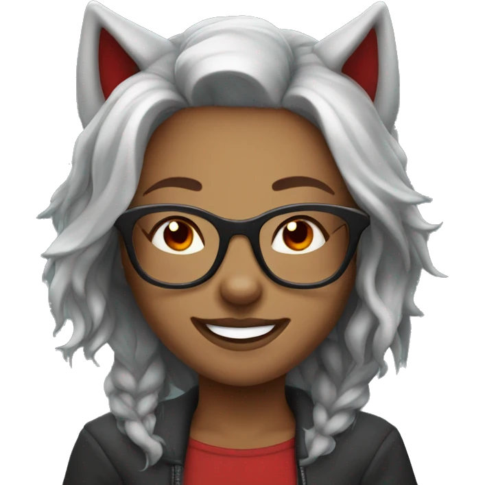 Wolf girl with red hair and glasses with red eyes smiling  emoji