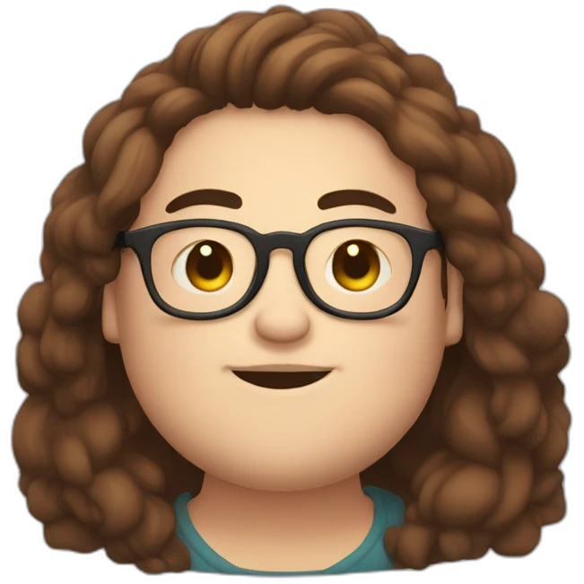 Chubby, non binary, round glasses, attached long brown hair, beard, sleepy smiling hug emoji