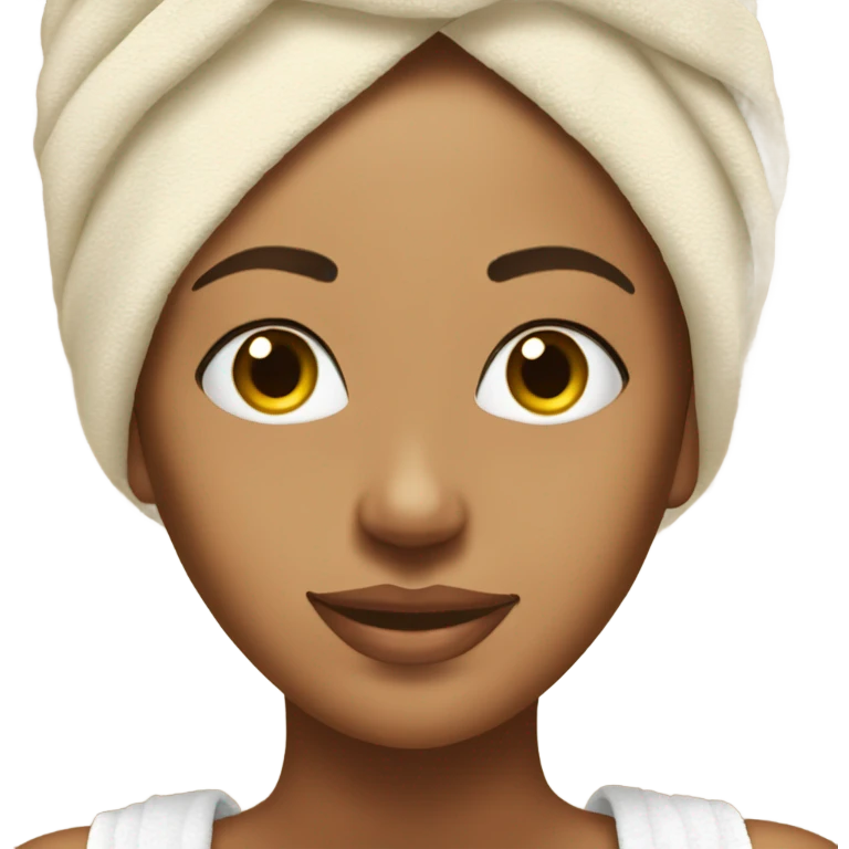 Tan girl with towel on her head and hair front peices hanging out with a skincare mask on her face emoji
