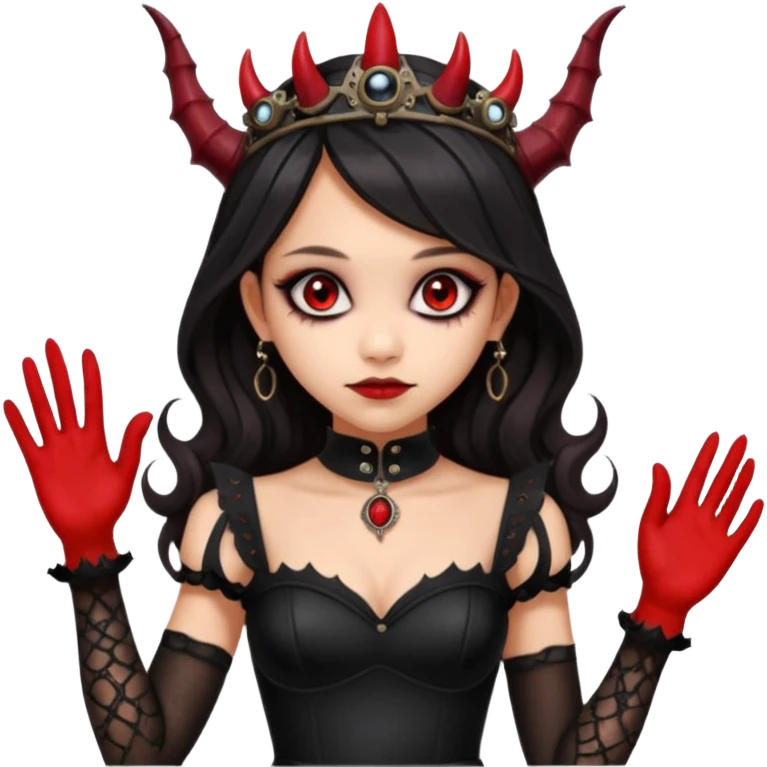 Slim fitting seductive dress Holed and worn Lavish black evening gown with see-through gloves, Jenna Ortega as Addams woman wearing a steampunk mini tiara, very large blood red evil-looking horned old dragon evil eyes  emoji