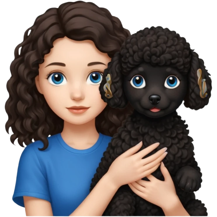 Brunette girl with long wavy hair and blue eyes holding one black puppy poodle with black fur and brown eyes. No decoration on the dog.  emoji