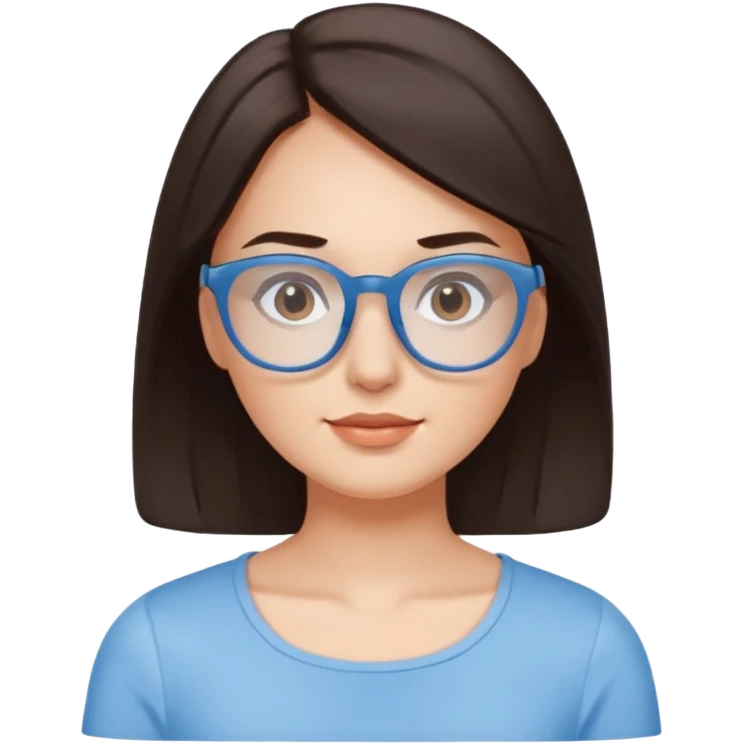 mujer de 30 años, cabello marron oscuro, ANTEOJOS CELESTE BLANCOS, top celeste escote cuadrado, piel blanca, cara redonda emoji