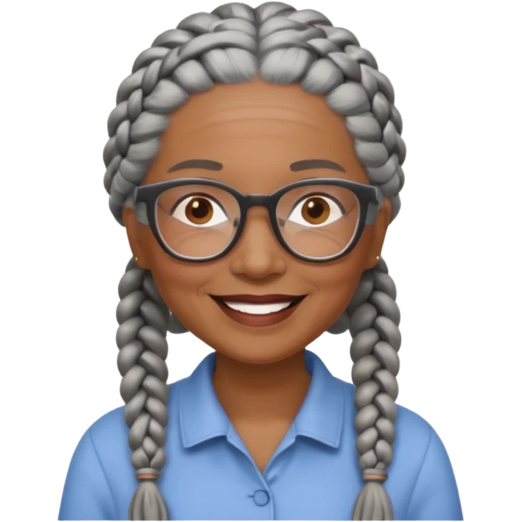 Older woman of color with gray braids, glasses and smiling emoji