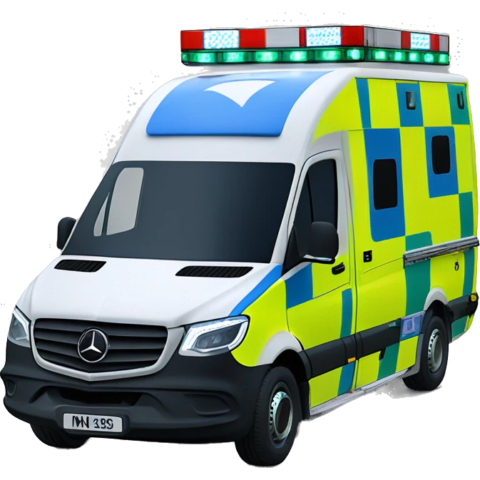 British NHS Mercedes sprinter ambulance, yellow body, with green and yellow checkerboard print strip along the bottom. NHS blue and white logo on the side. Blue flashing lights.  emoji