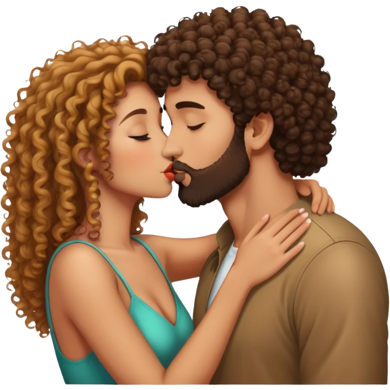 Curly haired girl kissing straight hair man with beard, romantic couple kiss emoji