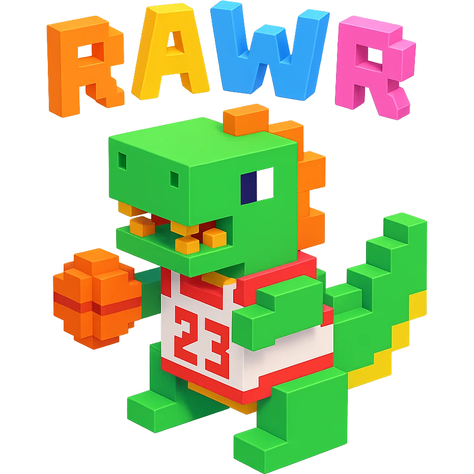надпись "RAWR" и динозавр с баскетбольном мячом в майке с надписью "23", no background  emoji
