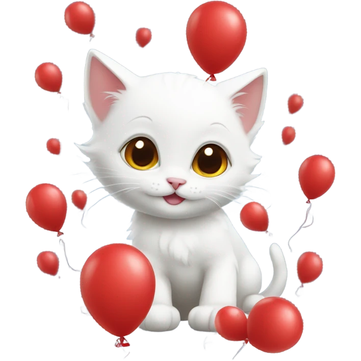 small white kitten and red balloons emoji