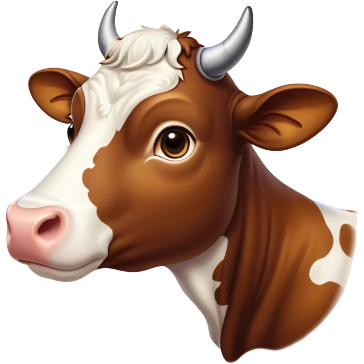 Cinematic Noble Brown and White Cow Portrait Emoji, Poised and regal, with a large, sturdy build and a beautifully patterned hide of rich brown accented by crisp white patches, deep-set soulful brown eyes, Simplified yet sharp and sophisticated features, highly detailed, glowing with a soft, dignified glow, high shine, intelligent and calm, stylized with an air of pastoral majesty, focused and attentive, soft glowing outline, capturing the essence of a watchful and confident bovine guardian, so majestic it feels as though it could amble out of the screen with effortless authority! emoji