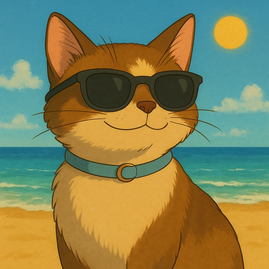 Add a sunny beach background behind the cat wearing sunglasses. emoji