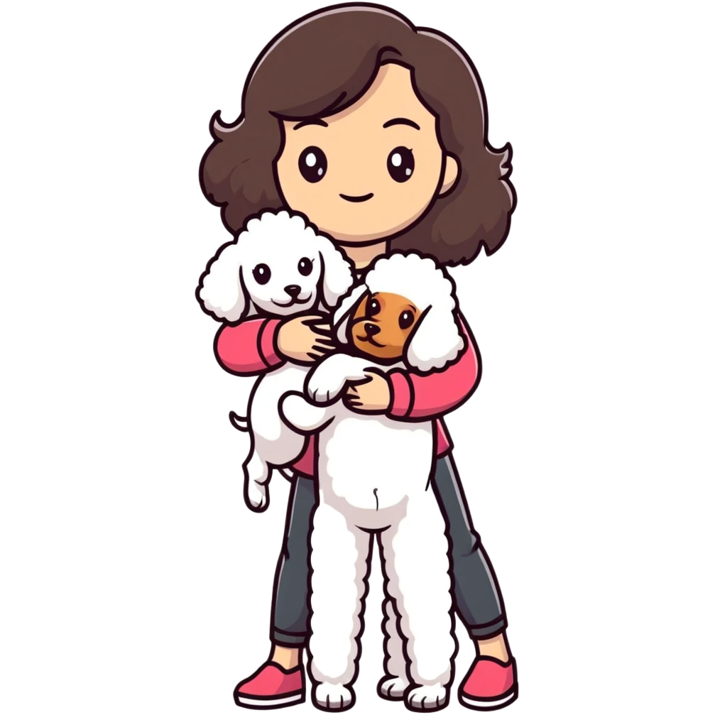 woman with long dark brown hair holding a poodle emoji