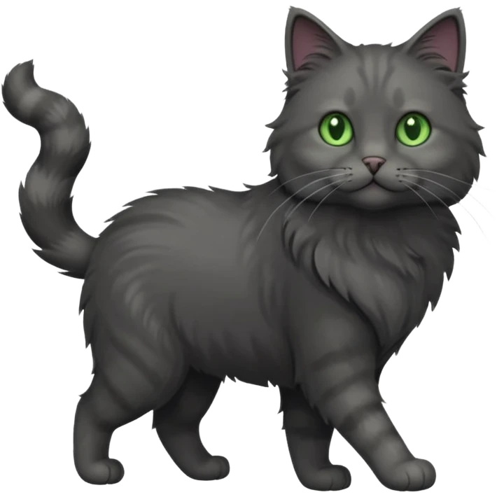 full body gorgeous solid dark grey cat with green eyes, white paws and white whiskers walking emoji