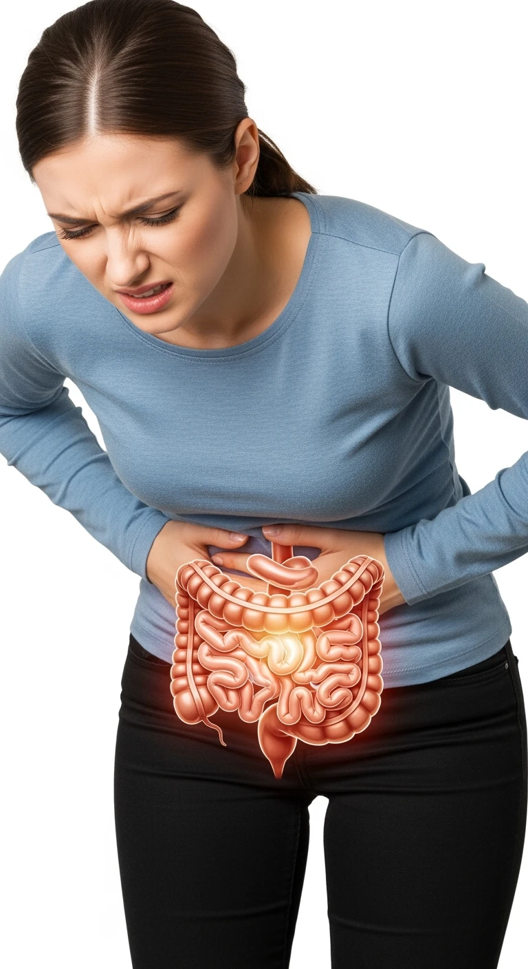donna piegata in avanti frontalmente con mal di pancia, espressione di dolore in volto in primo piano e intestino anatomico in evidenza, iperrealistico 4k, sfondo bianco emoji