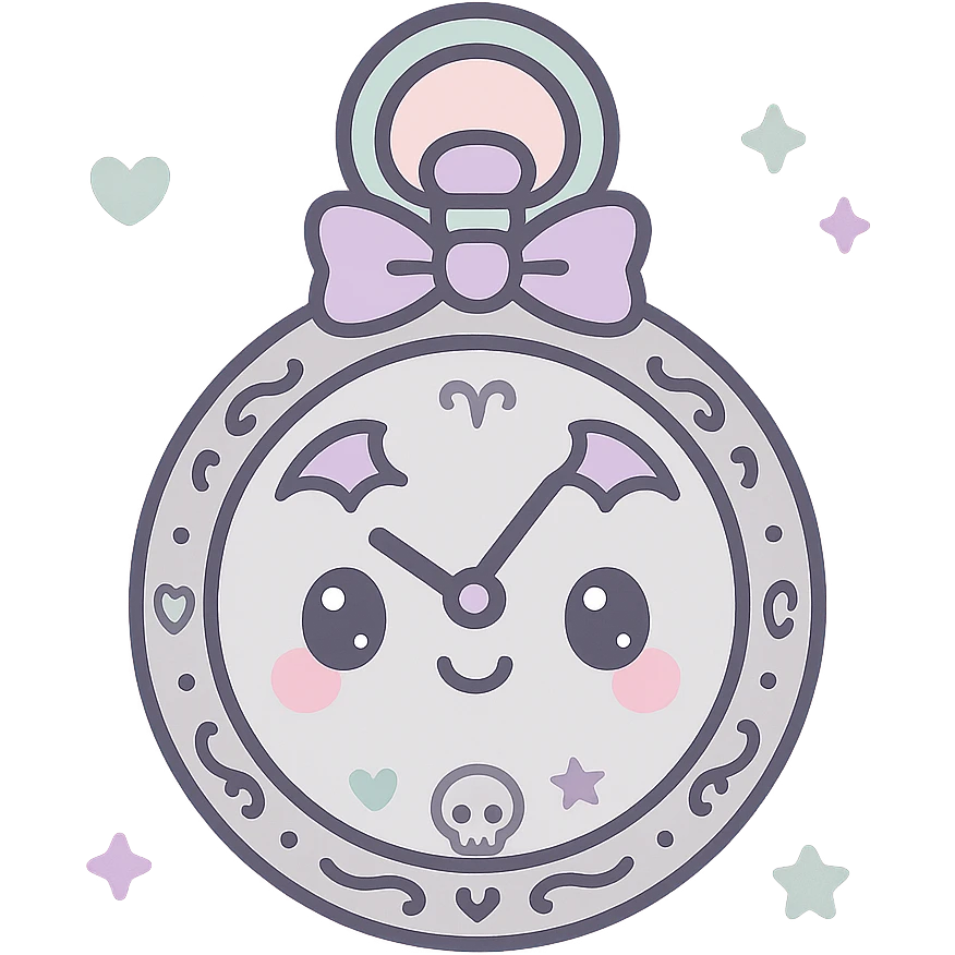 silver pocket watch in pastel goth style, pastel accents, engraved, cute gothic patterns emoji