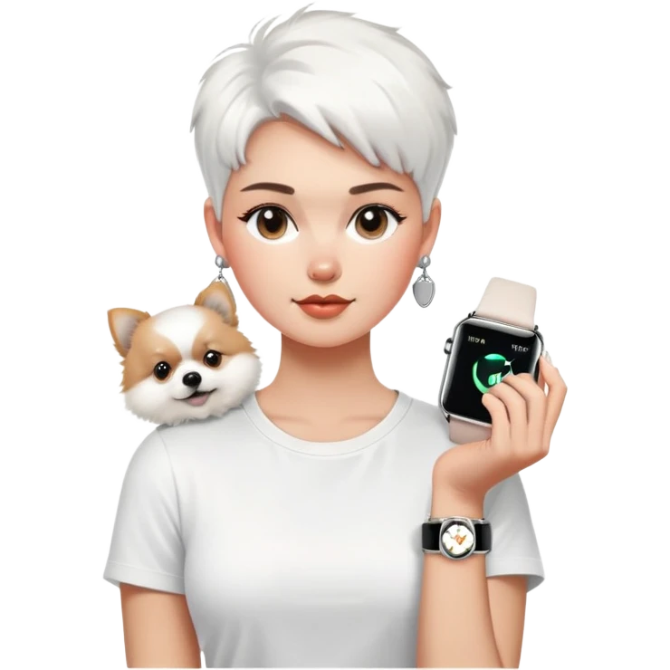 A woman with a base-shaped face and a very short haircut, wearing a white T-shirt, large stylish silver earrings, and an Apple Watch, holding a fluffy white Pomeranian. emoji