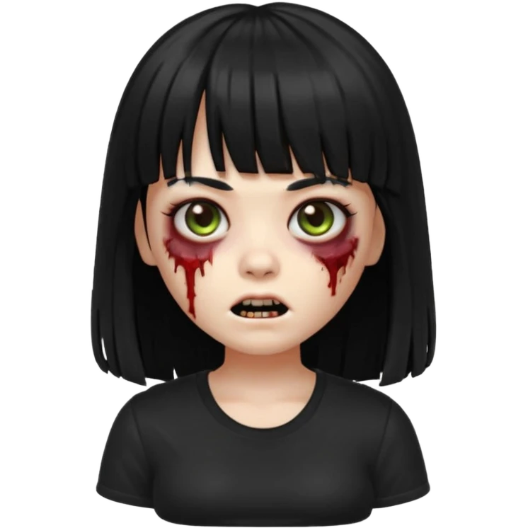 A zombie girl in Apple Memoji format with long, straight black hair with bangs, wearing a black shirt. emoji