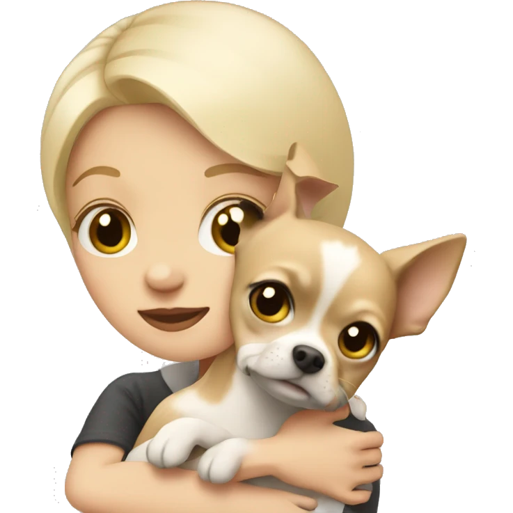 pale-haired girl with short hair hugging chihuahua emoji