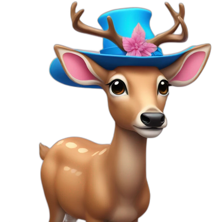 A human deer with a blue nose and Big pink hat emoji