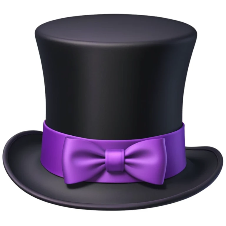 3D apple-style emoji of a tall vintage black top hat with a wide brim and a bright purple ribbon, smooth slightly glossy surface, simplified shapes, cartoon-like look, soft shadows, white background emoji