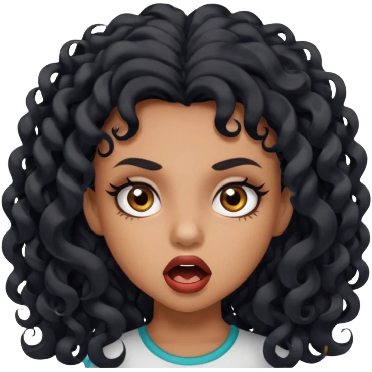 girl with long black curls and brown eyes, brown skin, eyelashes, siren eyes, make her mouth open and mad expression emoji