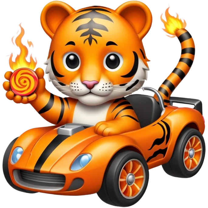 cute tiger holding toy hot wheel car with wheels on fire emoji