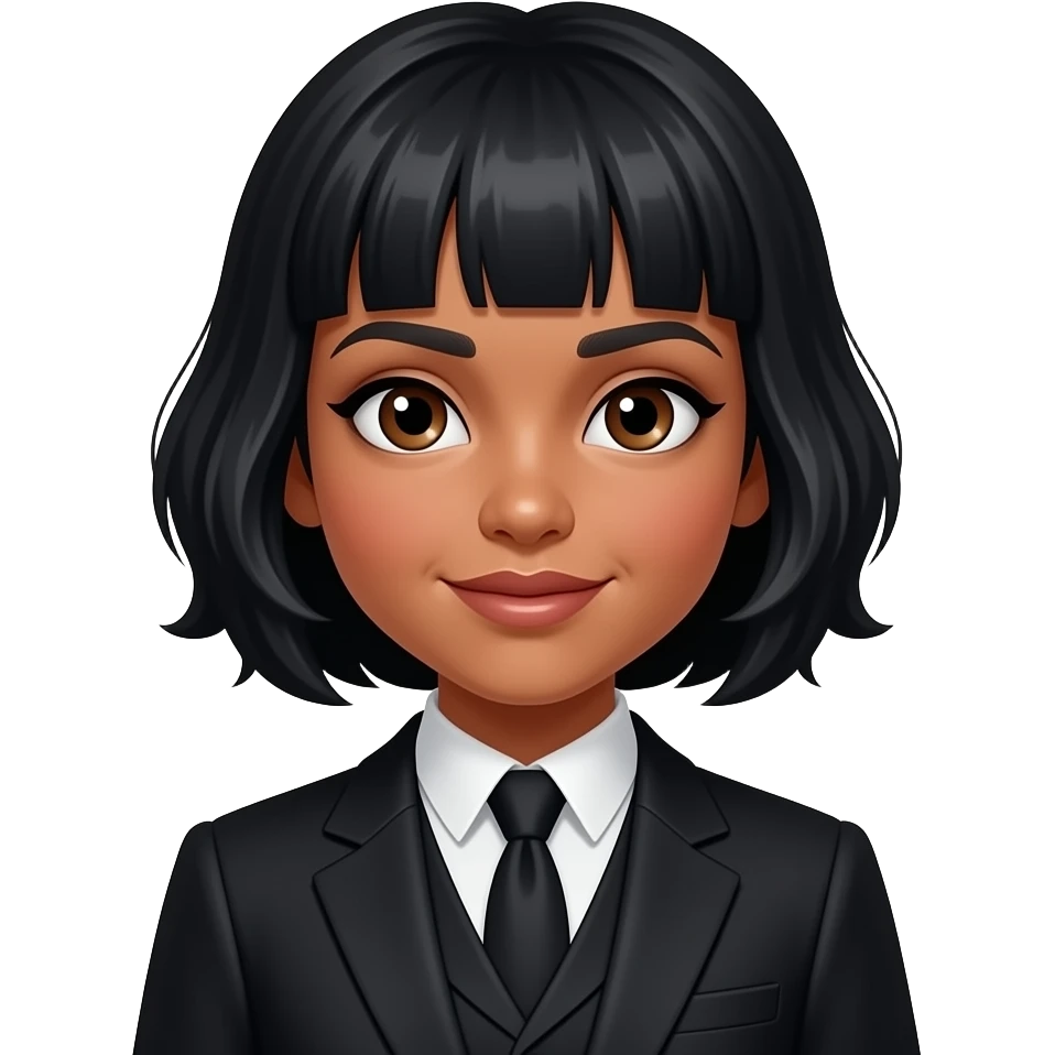 Chica de piel trigueña, cabello negro y en capas, ojos cafés y estilo old money emoji