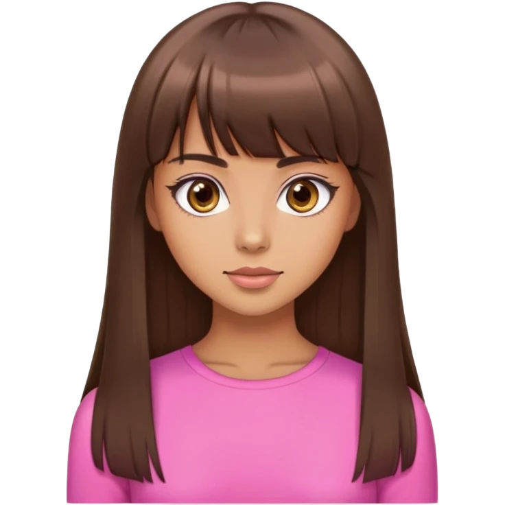 beautiful woman, tan skin, big brown eyes, straight long brown hair, bangs, model, pink top emoji