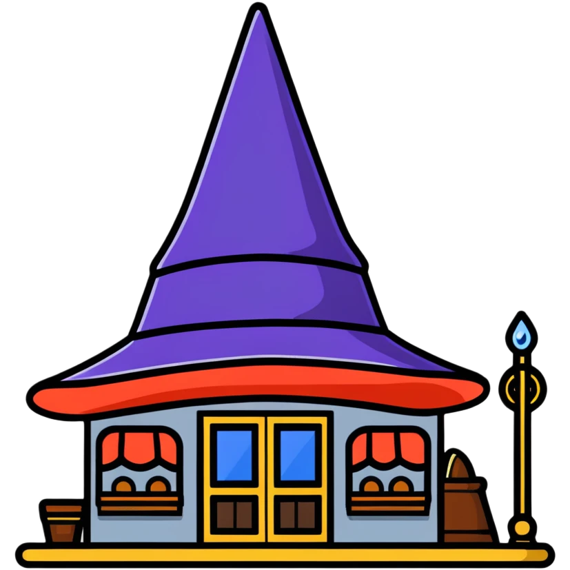 Minimalist wizard hat shop with basic storefront emoji