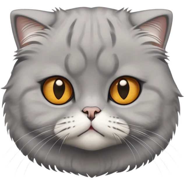 Cinematic-Fluffy-Grey-Scottish-Fold-Cat-Portrait-Emoji – Head tilted cutely with big, sparkling amber eyes, soft solid grey fur, and signature small folded ears pressed gently against its round head, simplified yet irresistibly adorable features, highly detailed, glowing with a soft and warm charm. emoji