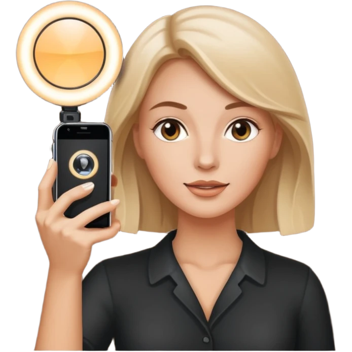 white woman holding a phone and recording with a ring light emoji