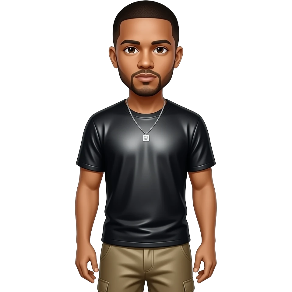 Drake with dark brown eyes, black hair, black metallic t-shirt, taupe metallic baggy pants, necklace emoji