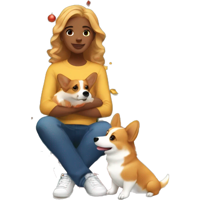 Ginger-blonde haired African American teen playing with corgi in front of Christmas tree emoji