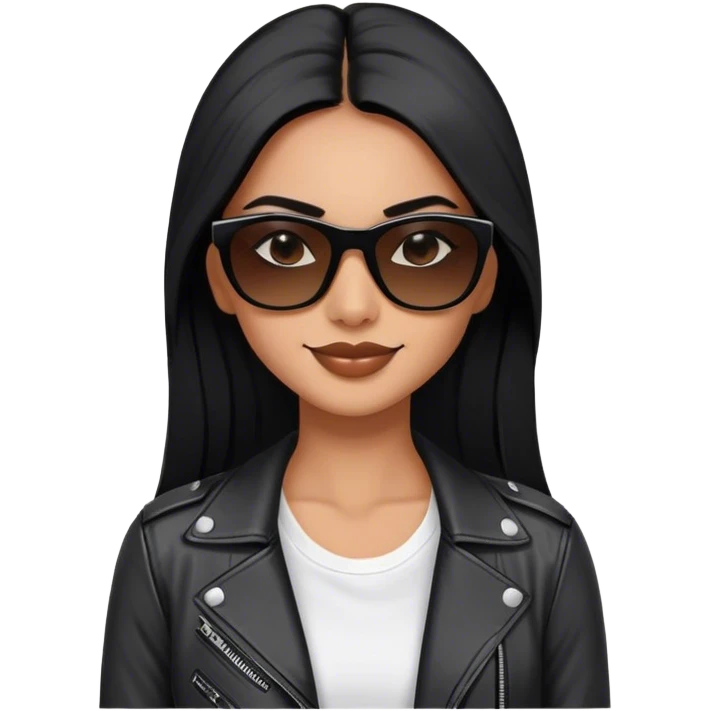 beautiful fit woman, with long straight black hair, with make up, black eye liner, smile mooth close, mexican, brown skin, wearing white tee, wearing leather black jacket, solar black wayfarer on the tip of the nose emoji