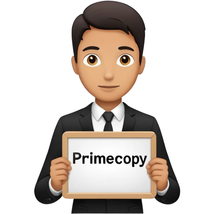 A man in a black suit holds a sign that says PrimeCopy emoji