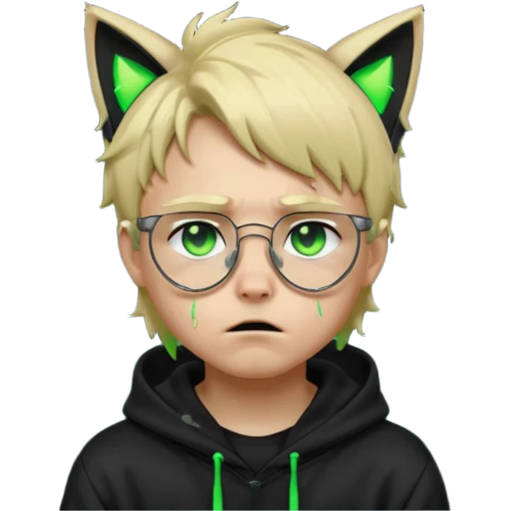 A blond hacker boy with black glasses and a black hoodie with neon green cat ears, cyberpunk style, crying expression, glowing green eyes with tears, soft neon lighting emoji
