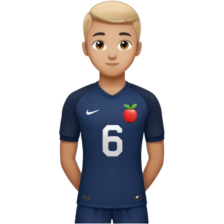 Apple emoji style 21 year old soccer player standing hands on waist, dark navy jersey #6, realistic lighting emoji