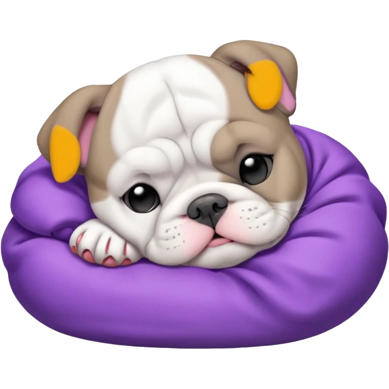 grey white bulldog puppy sleeping with a purple collar on emoji