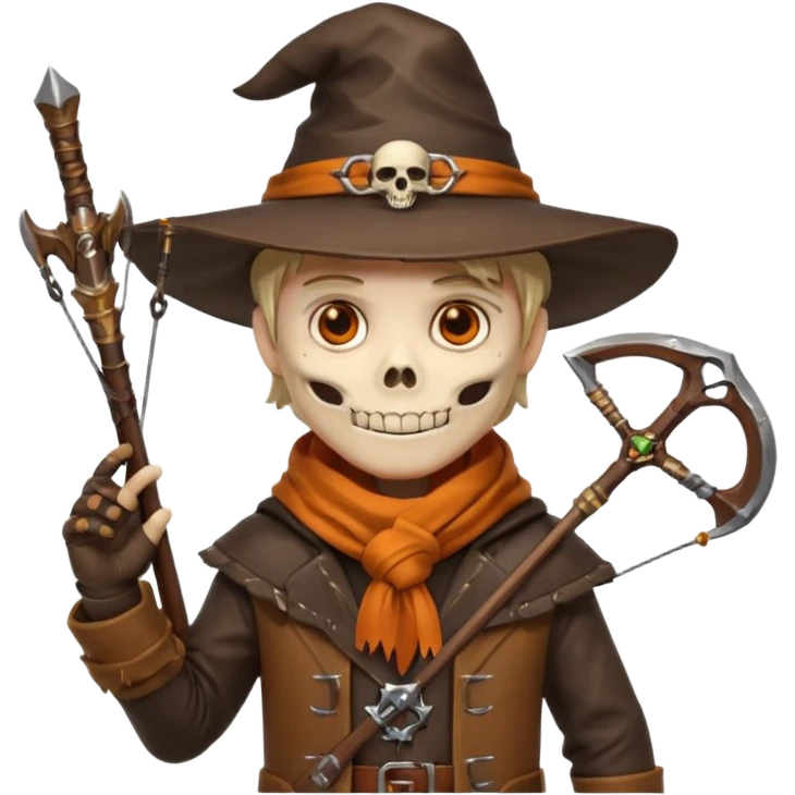 male human monster hunter emoji, wearing brown leather coat and wide hat, holding crossbow or rifle, with amulet shaped like skull, Halloween fantasy theme, confident smile, orange scarf, Apple emoji style, clean white background, square image emoji