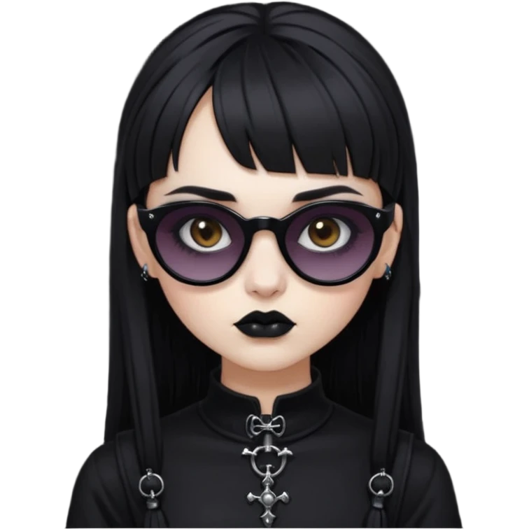 Faça uma moça de cabelo preto micro franja e penteado gótico pálida e com maquiagem gótica pesada olhos castanhos escuro e óculos de sol  emoji