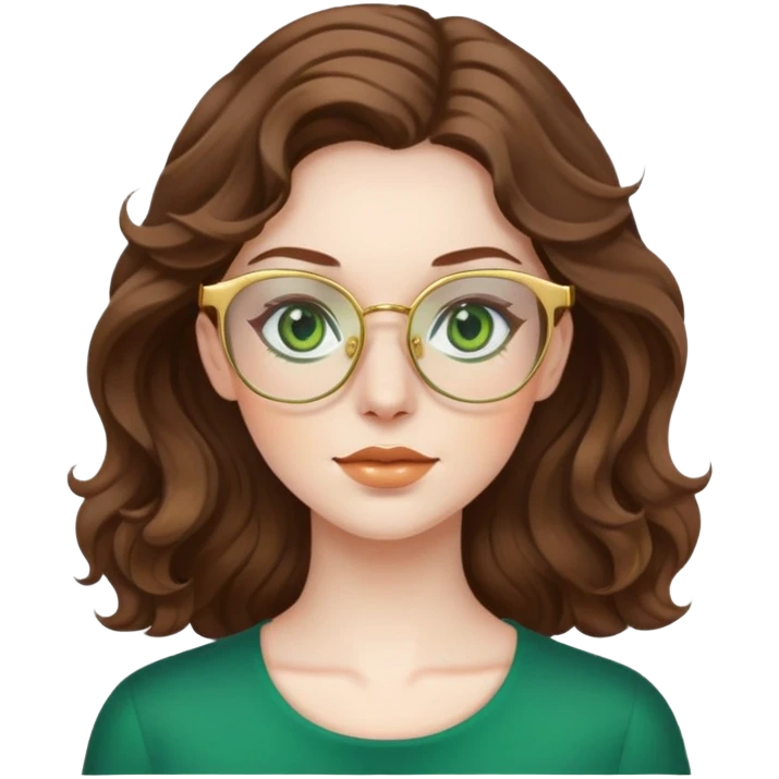 woman with pale skin, brown wavy hair, green eyes, gold glasses emoji