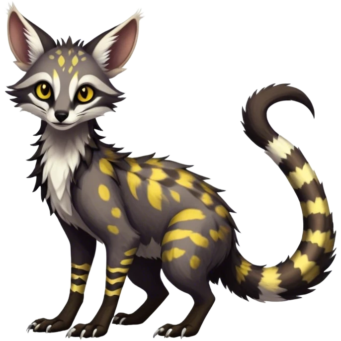 Feral Rare Fantasy dark tropical Vernid-Sergal-Genet-Trico-species by LiLaiRa, random markings, tufted tail, tufted ears, full body emoji