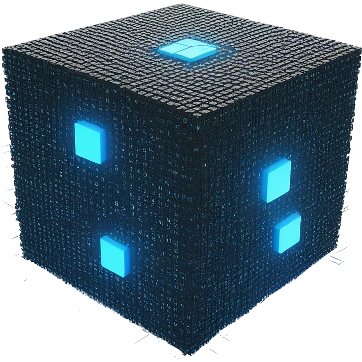 three-dimensional digital cube, intricately designed with a myriad of smaller binary (0s) and (1s). This cube is illuminated with a radiant blue glow, emanating a sense of blockchain and technology. Surrounding the cube are streams of binary numbers emoji