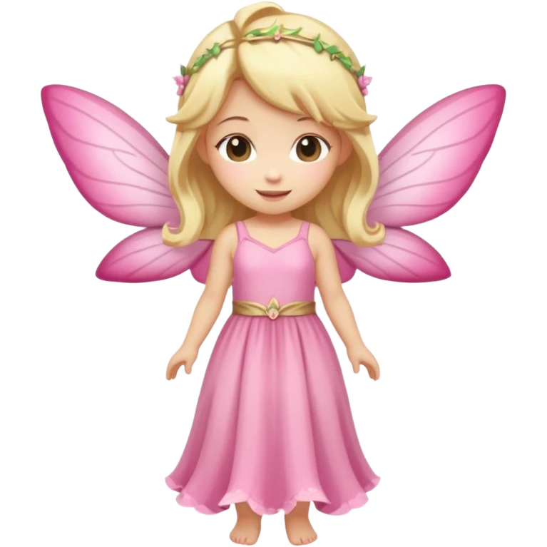 fairy with blonde hair, pink wings and long dress, happy, chibi full body emoji