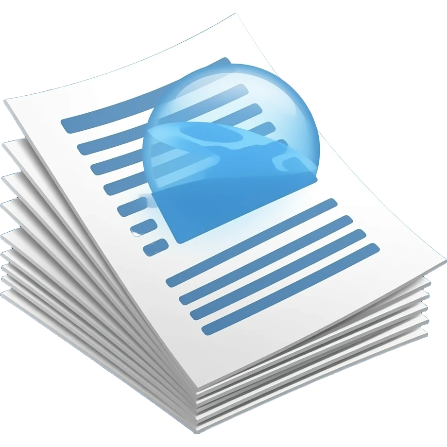 Stack of Papers with a Droplet, Scientific publication, paper,clean professional look, Dark blue HEX: #002137 Sky blue HEX: #7FC7FF Celestial white #FFFFFF emoji