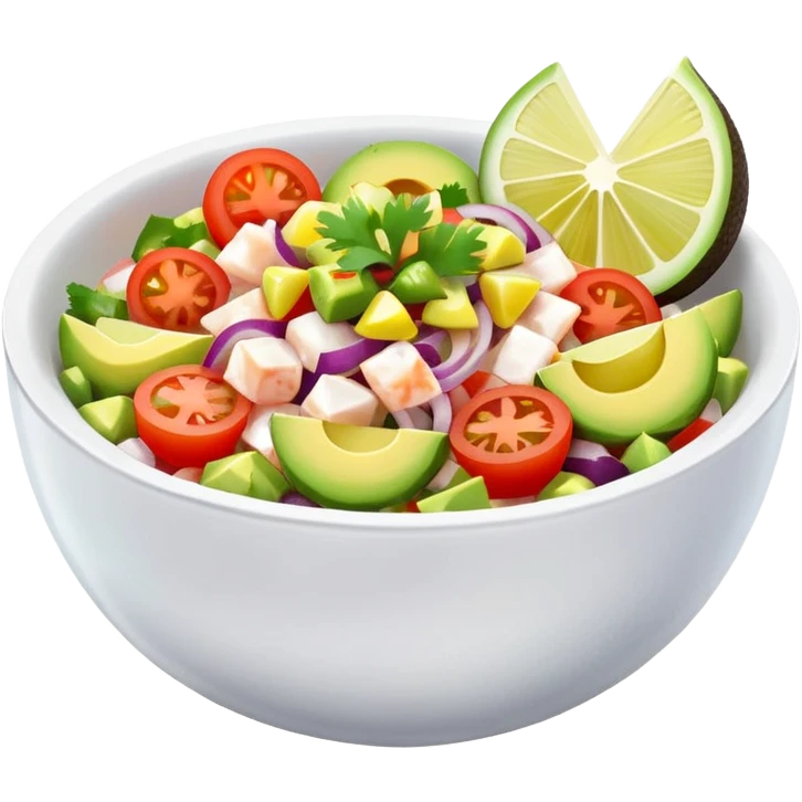 Mexican fish ceviche with lemon and sliced tomato, avocado and onion in a small bowl, fresh and colorful emoji