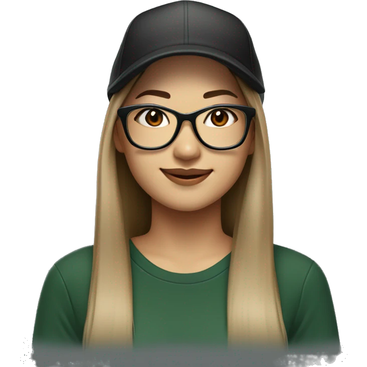 Hyper realistic, look from side, asian adult woman, light white skin, smiling with teeth, black eyes, spotted frame glasses, long light brown ombre straight hair, black T-shirt, dark green cap. emoji
