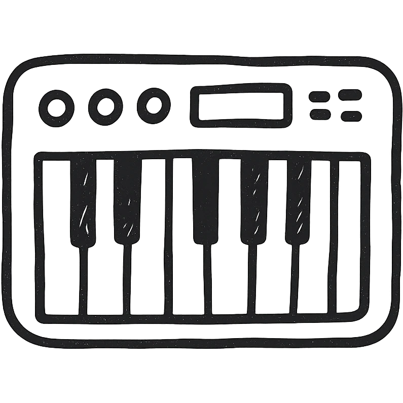 MIDI keyboard icon, hand drawn, black outlines, no fill, simple and clean, side view emoji