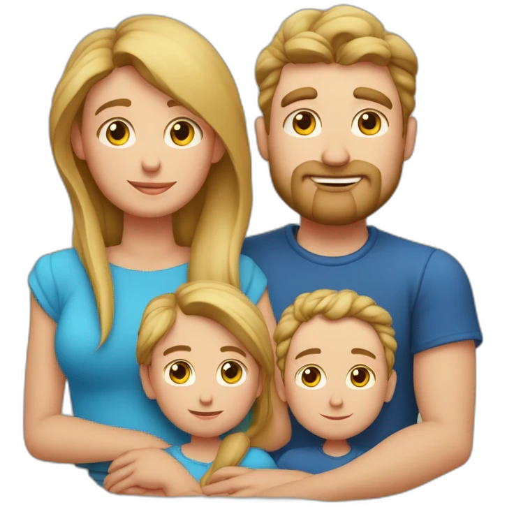 Familia de cuatro miembros padre con poco pelo y alto y gordo madre con pelo rizado rojo hija rubia con ojos azules e hijo alto y delgado emoji