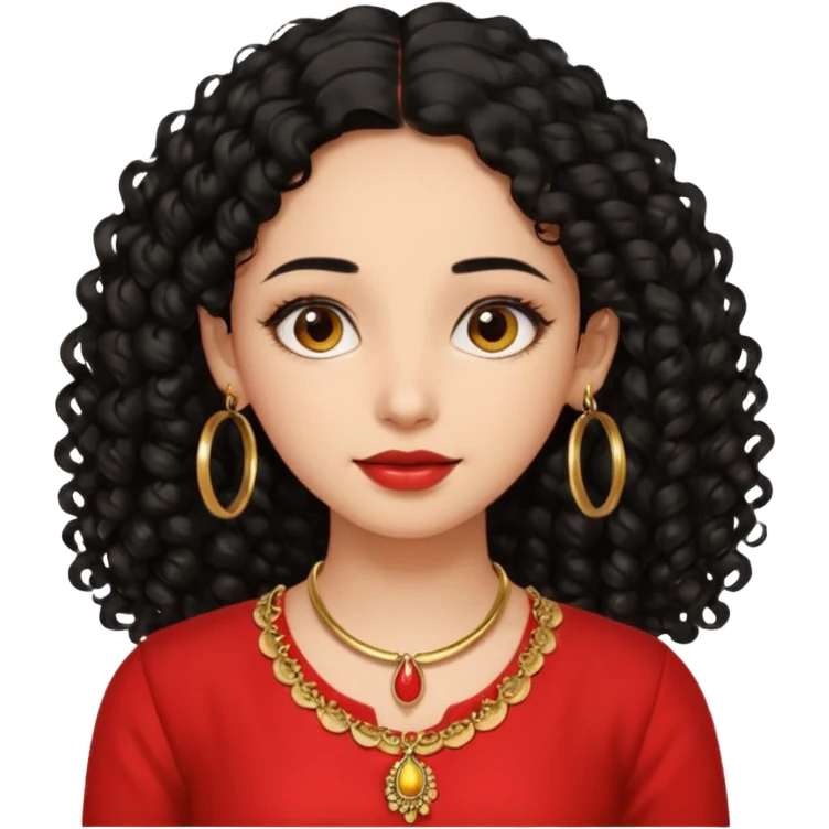 generate a pretty bratz girl with a red kurti, long black curly hair, hoops, emoji