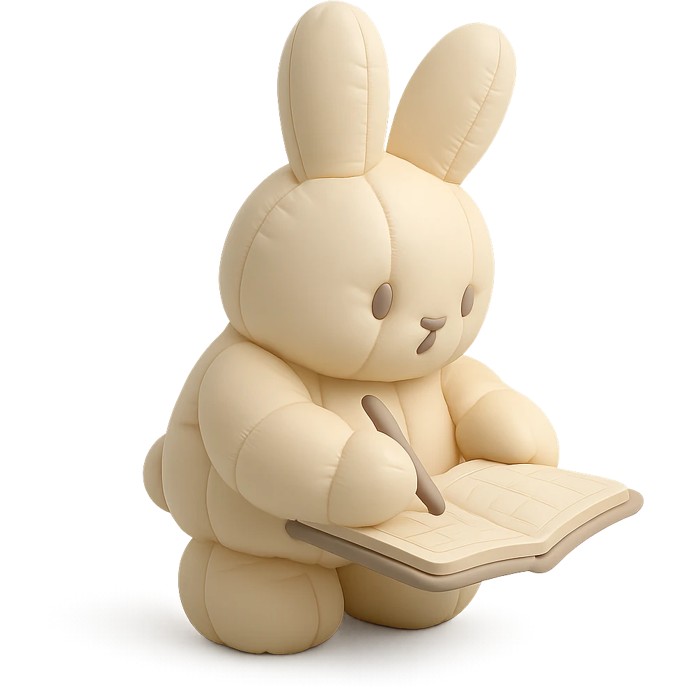cream bunny writing in planner, standing, cushion style emoji